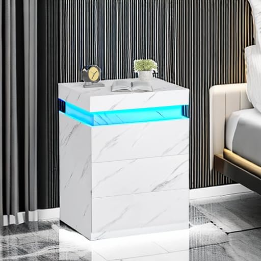 ADORNEVE Nightstand with Charging Station and LED Lights,Night Stand with Sliding Top for Bedroom,Bedside Table with Drawers,Modern End Side Table,White Marble