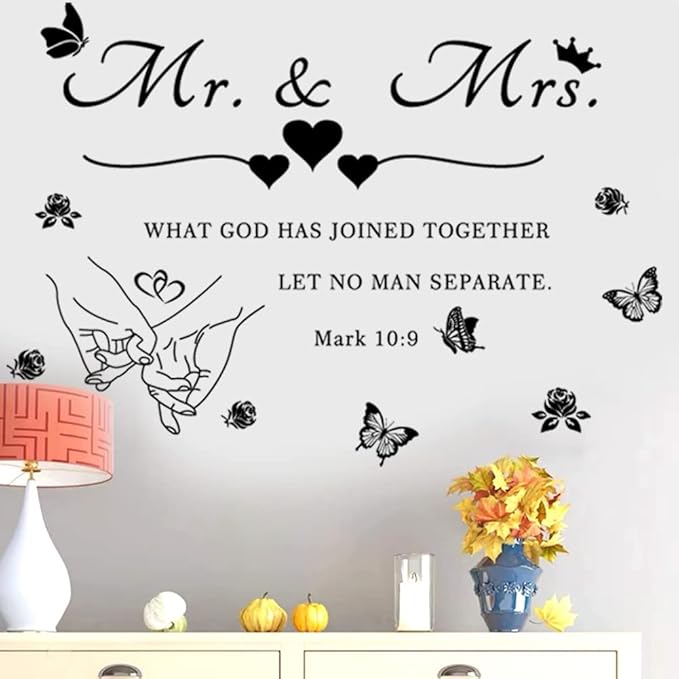 Mr. and Mrs. Wall Decals Wall Art Sticker Peel and Stick Wedding Sayings Art Lettering Stickers Hands with Hearts Romantic Wall Decor Wedding Anniversary Decor Bedroom Living Room Home Decor