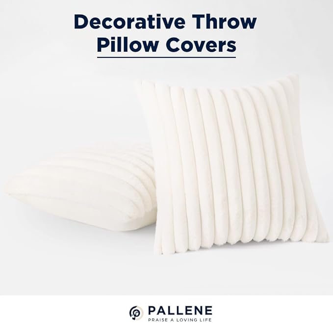 Pallene Faux Fur Plush Throw Pillow Covers 24x24 Set of 2, Luxury Soft Fluffy Striped Decorative Pillow Covers for Sofa, Couch, Living Room, Cream White