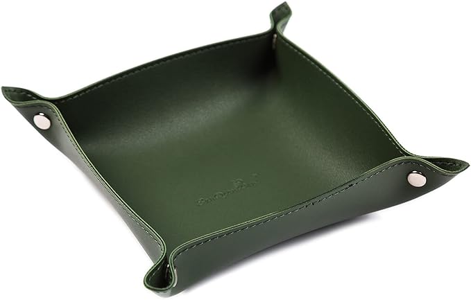 SANQIANWAN Leather Jewelry Valet Tray for Women and Man, Entryway Table Bedside Nightstand Desk Portable Small Catchall Travel Dish Plate for Key,Wallet,Watch,Phone,Coin(Dark Green-B)