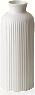 Natural White Ribbed Ceramic Vase for Flowers, Modern Textured Decorative Vase, 10 Inch Tall, 3.94 Inch Width, Farmhouse Style Home Decor (Bisque White)
