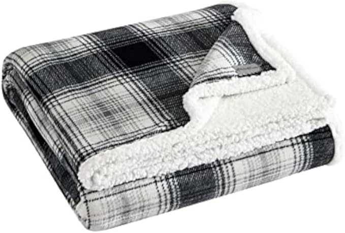 Eddie Bauer - King Size Blanket, Ultra-Soft Plush Bed Blanket with Faux Shearling Reverse, Throw Blanket for Couch & Bed (Vail Plaid Grey)
