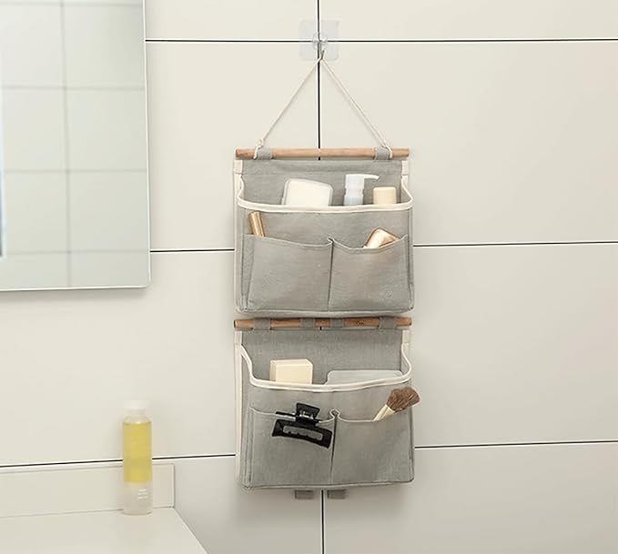 Hanging Storage Organiser 2Pcs Waterproof Wall Hanging Bag Linen Cotton Organizer Wall Basket, Closet Hanging Pouch with Hooks for Bedroom Bathroom Kitchen