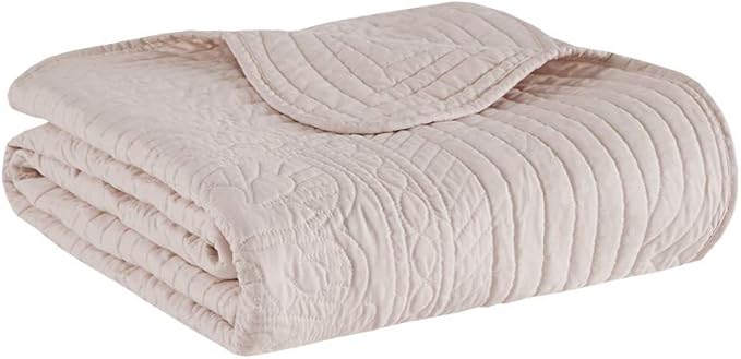 Madison Park Luxe Quilted Throw Blanket - Damask Stitching Design, Cotton Filled Spread, Ultra Soft, Cozy Bedding for Living Room Couch, Sofa, Bed, 60x72", Scalloped Borders Blush