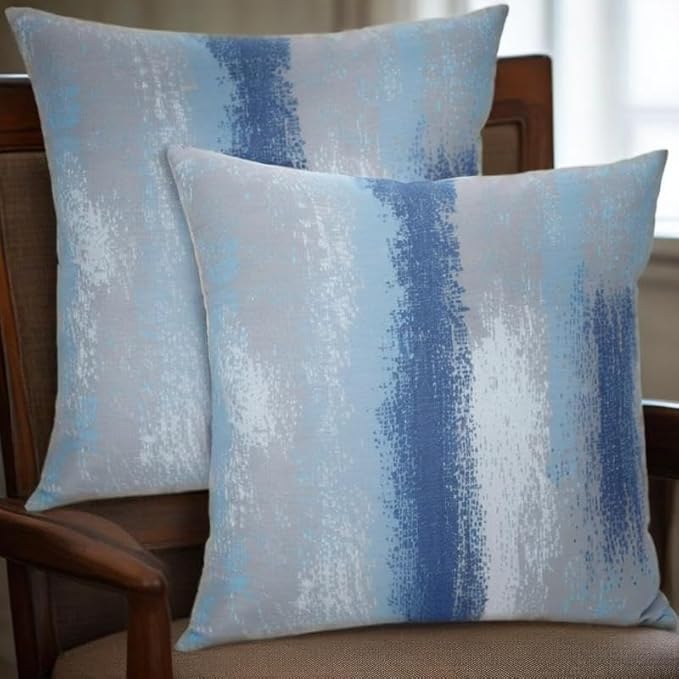 Modern Abstract Decorative Throw Pillow Covers, Blue and Gray Watercolor Design, 18x18 Pillows Linen Pillowcase, Set of 2