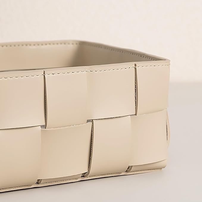 Nordic Style Leather Storage Basket for Decorative Home,Jewerly Accessories Catchall Items Cosmetic Storage Box for Tabletop Entryway Livingroom Bedroom Nightstand,Ivory