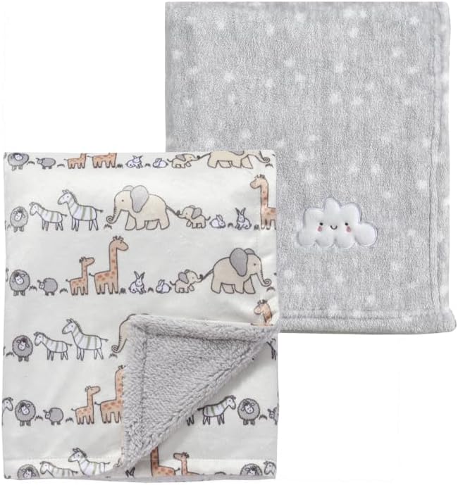 CREVENT 2Pcs 30''X40'' Cute Cozy Fluffy Warm Baby Blankets for Infants Toddlers' Bedding Crib Cot Stroller - Grey Cloud + Minky Animal