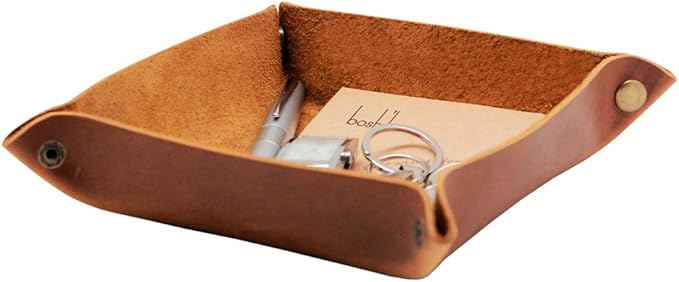boshiho Valet Tray for Men, Leather Jewelry Catchall Key Phone Coin Box Change Caddy Bedside Storage Box (Crazy Horse Leather - Light Brown)