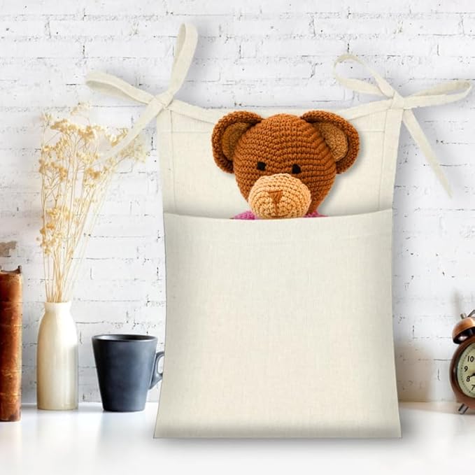 DOITOOL Multi-Functional Hanging Organizer Bag for Nursery 2-Pouch Linen Storage for Crib Bedside Toy and Sundries Holder 13.77X10.31X0.39In