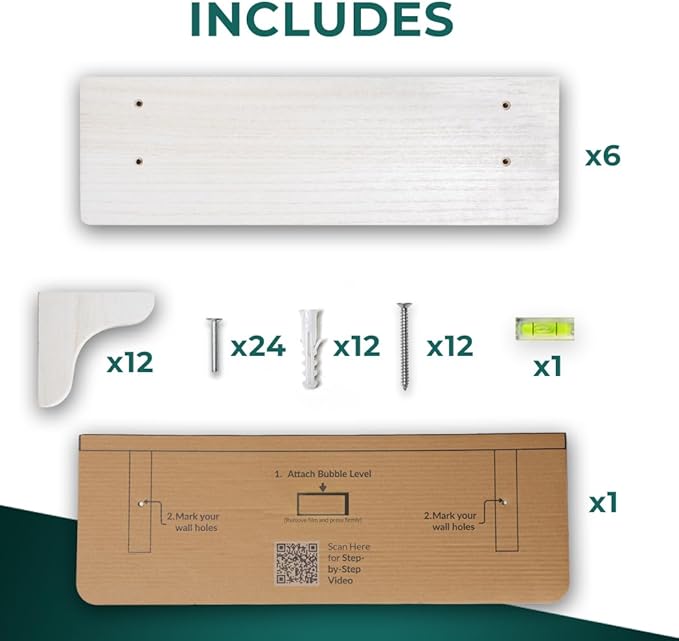 Willowy Real Wood White Bedroom Shelves - 17 inch (6 Pack) - Easy to Install, Template and Video Included - Shelves for Wall, Estantes para Cuartos, White Shelf, Long Wall Shelf