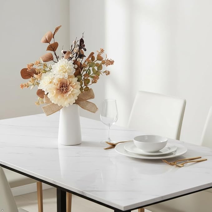 Small Artificial Flowers in Ceramic Vase 15 inch Faux Flower Centerpieces Coffee Table Decor, Silk Flower Arrangements Indoor Fake Bouquet for Dining Room Kitchen Wedding Home Decor, Brown