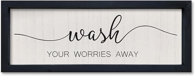 comurdyo Funny Laundry Room Plaque Wash Your Worries Away Bathroom Sign Wall Decor Inspirational Quote 16×6 Inch for above the Bathtub Restroom Small Wooden Framed Wall Hanging Art (Black)