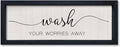 comurdyo Funny Laundry Room Plaque Wash Your Worries Away Bathroom Sign Wall Decor Inspirational Quote 16×6 Inch for above the Bathtub Restroom Small Wooden Framed Wall Hanging Art (Black)