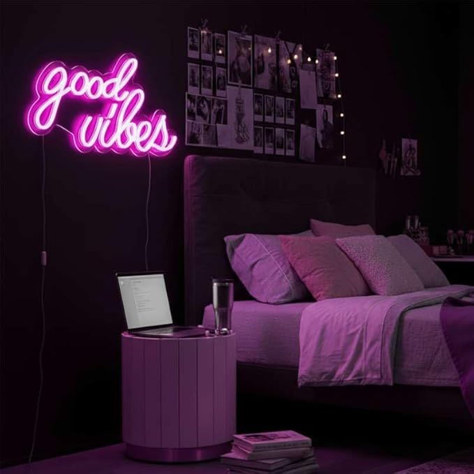 DECANIT Good Vibes Neon Sign Pink, Aesthetic LED Light for Wall Decor, Bedroom, College Dorm, Studio, USB Powered 3D Night Lamp for Birthday Gift, Party Background, 16.1x8.3 Inch