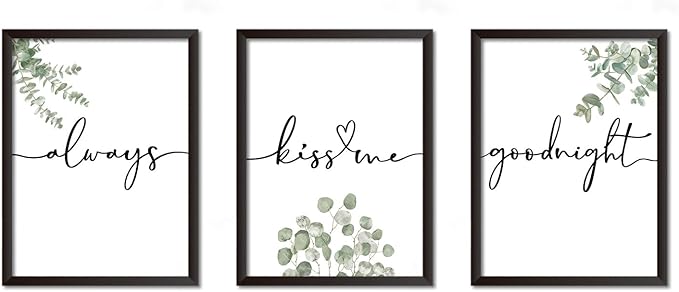 Always Kiss Me Goodnight Wall Art Framed Set of 3, Botanical Prints for Bedroom, Sage Green Eucalyptus Decor Above Bed, Love Theme Modern Couples Master Bedroom Wall Decorations 12x16 Inch