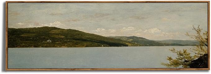 Framed Canvas Wall Art for Bedroom - Long Horizontal 13.5x40" Above the Bed - Vintage Farmhouse French Country - Lake Mountain Muted Moody Landscape - Cottagecore Aesthetic Master Guest Room Decor