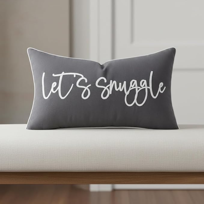 Sunkifover Let's Snuggle Decorative Lumbar Pillow Cover - 12x20 Inch Dark Grey Cotton Embroidery Throw Pillowcase for Bed, Bedroom, Living Room, Home Decor