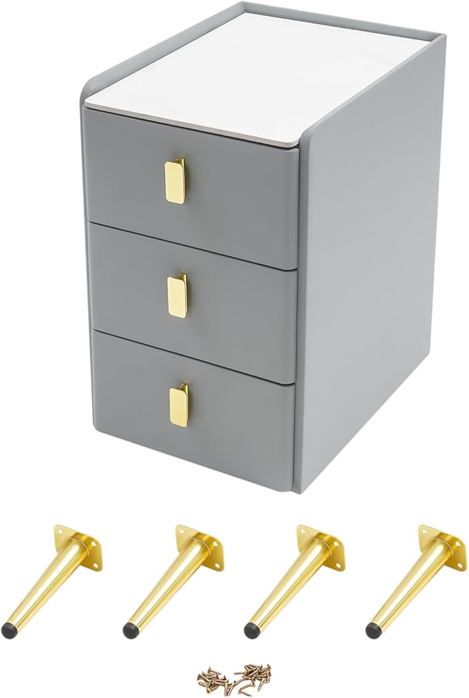 Narrow Nightstand with 3 Drawers, Narrow Side Table End Table Leather Bedside Cabinet Slim Storage Bedside Table for Small Space Bedroom Living Room Dormitories (Grey)