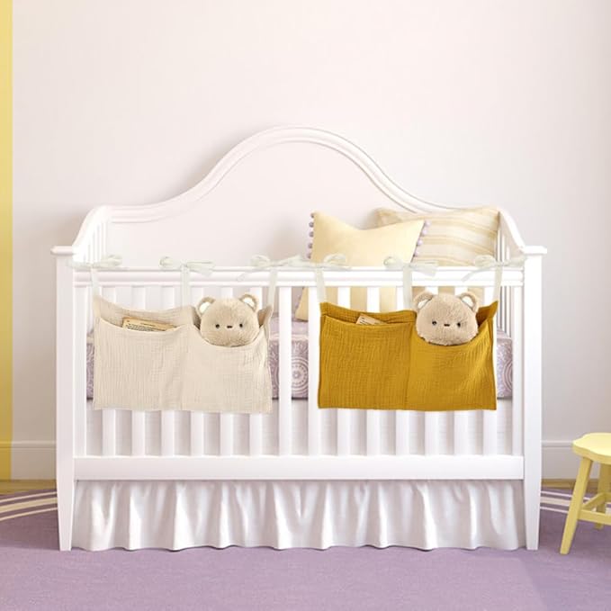 Cinaci 2pcs Cotton Pram Stroller Caddy Baby Crib Hanging Organizers Storage Pockets Nappy Diaper Bags Bedside Pockets for Milk Bottle/Soothing Toys/Wipes (Cream Set)