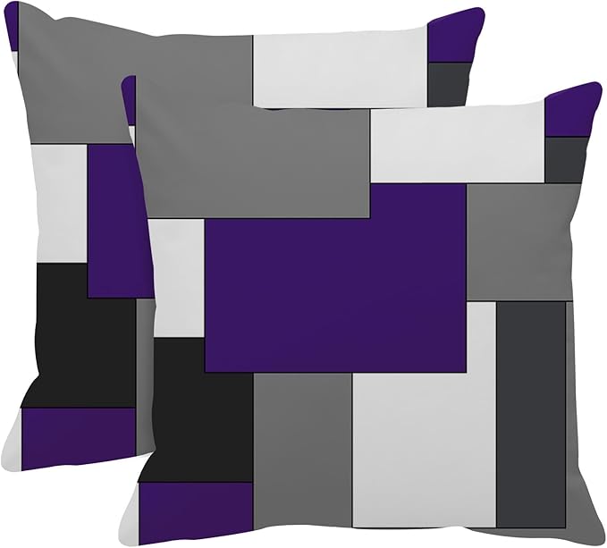 Emvency Set of 2 Purple Geometric Throw Pillow Cover Black Grey White Painting Abstract Checkered Design Decorative Pillow Case Modern Home Decor Standard Square 18x18 Inch Cushion Pillowcase