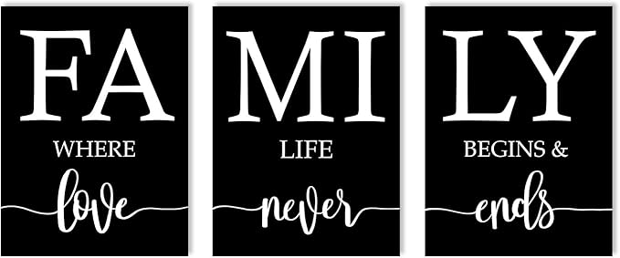 Family Where Life Begins And Love Never Ends Wall Art:3 Piece Love Quotes Wall Decor Above Bed,Modern Minimalist Family Signs Country Farmhouse Decor for Living Room Bedroom 12"x16"