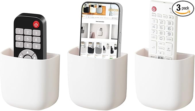 SUNFICON Wall Mount Remote Holder TV FAN Remote Control Holder Bedside Caddy Wall Organizer Phone Holder for Office Adhesive Media Player Controller Holder Box Tray Home Desk Nightstand White 3 Small