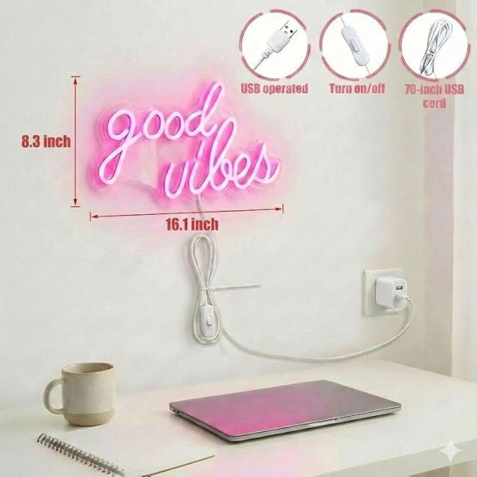 DECANIT Good Vibes Neon Sign Pink, Aesthetic LED Light for Wall Decor, Bedroom, College Dorm, Studio, USB Powered 3D Night Lamp for Birthday Gift, Party Background, 16.1x8.3 Inch