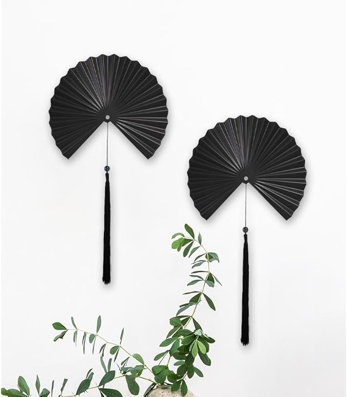 ITrixgan Wall Fan Decor Minimalist Black Wall Art for Living Room, Decorative Metal Wall Decor Fan with Tassels for Bedroom Above Bed TV, Modern Black Metal Wall Art Fan Set of 2