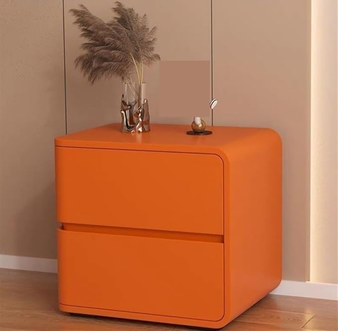 Modern Bedside Table, Solid Wood, Cream Leather, Luxury Night Stand with 2 Drawers (Orange, Right)