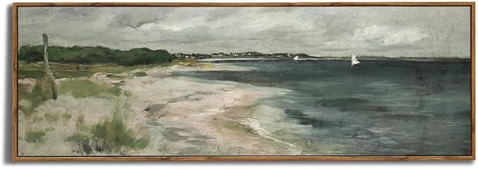 Framed Canvas Wall Art for Bedroom - Long Horizontal 13.5x40" Above the Bed - Vintage Farmhouse French Country - Muted Abstract Coastal Ocean Boat Moody Seascape - Cottagecore Master Guest Room Decor