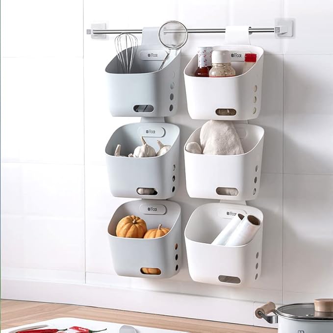 LeleCAT Plastic Hanging Basket Kitchen Storage organizer, Basket with Detachable hook, Hang it behind a door or on a railing, Over the Cabinet Door (Grey, Large-2 Pack)
