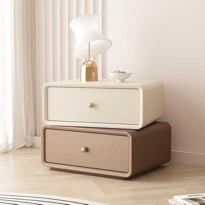 360° Rotating Nightstand – Handcrafted Solid Wood & Leather Bedside Table with Dual Storage Drawers for Modern Home Decor (White-Brown)
