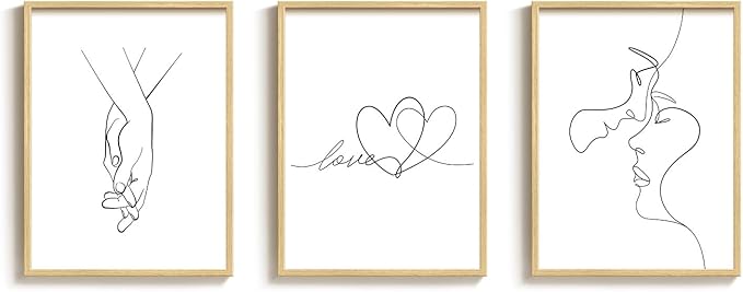 Framed Minimalist Line Love Bedroom Wall Art, 3 Piece Couple & Heart Prints Artwork for Walls, Modern Romantic Simple Black and White Painting Picture for Couple Bedroom Hallway Wall Decor, 12x16 Inch