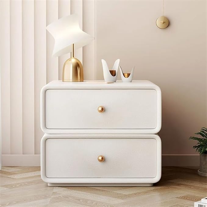 360° Rotating Nightstand – Handcrafted Solid Wood & Leather Bedside Table with Dual Storage Drawers for Modern Home Decor (White)