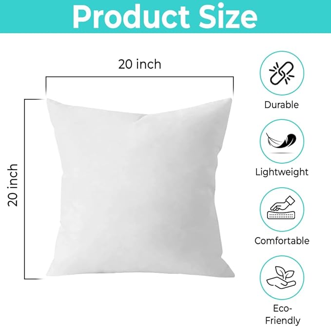 QUBA LINEN Throw Pillow Inserts (Set of 2, White), 20x20 Inches - Premium Cushion Fillers for Sofa, Bed, and Home Décor (20x20 Inch (Pack of 2))