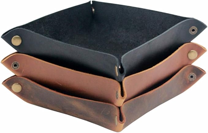 boshiho Valet Tray for Men, Leather Jewelry Catchall Key Phone Coin Box Change Caddy Bedside Storage Box (Crazy Horse Leather - Light Brown)
