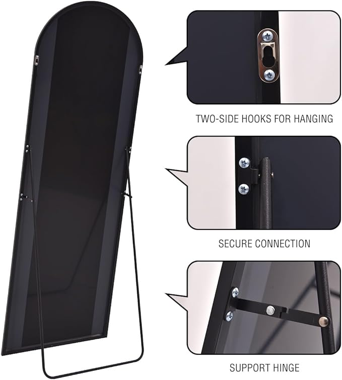 Floor Mirror, Full Length Mirror with Stand, Arched Wall Mirror Full Length, Black Floor Mirror Freestanding, Wall Mounted for Bedroom, Black