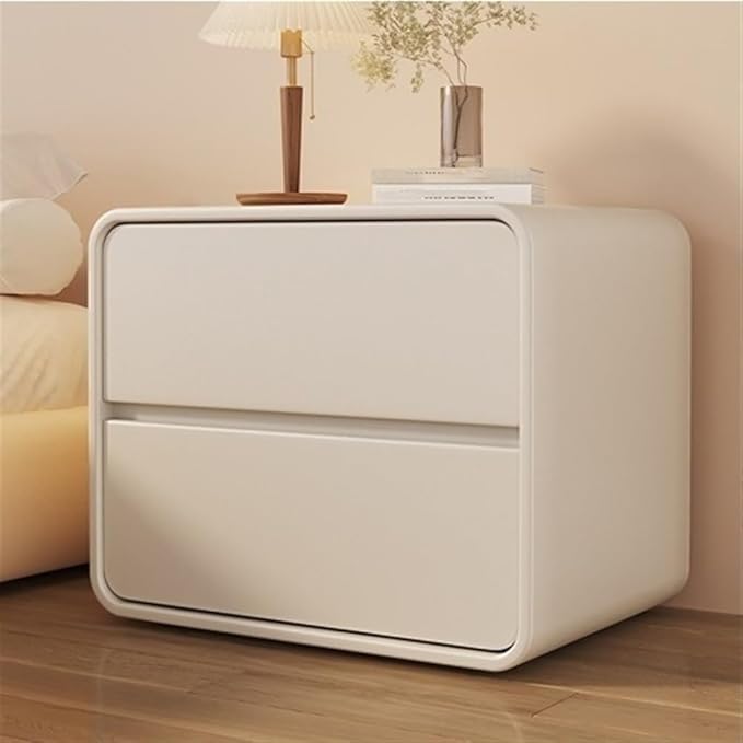 Solid Wood Nightstand, Leather Bedside Table, Simple Style Storage Cabinet, Bedside Table with Drawers, Multi-Color, 19-inch Height (Off-White)