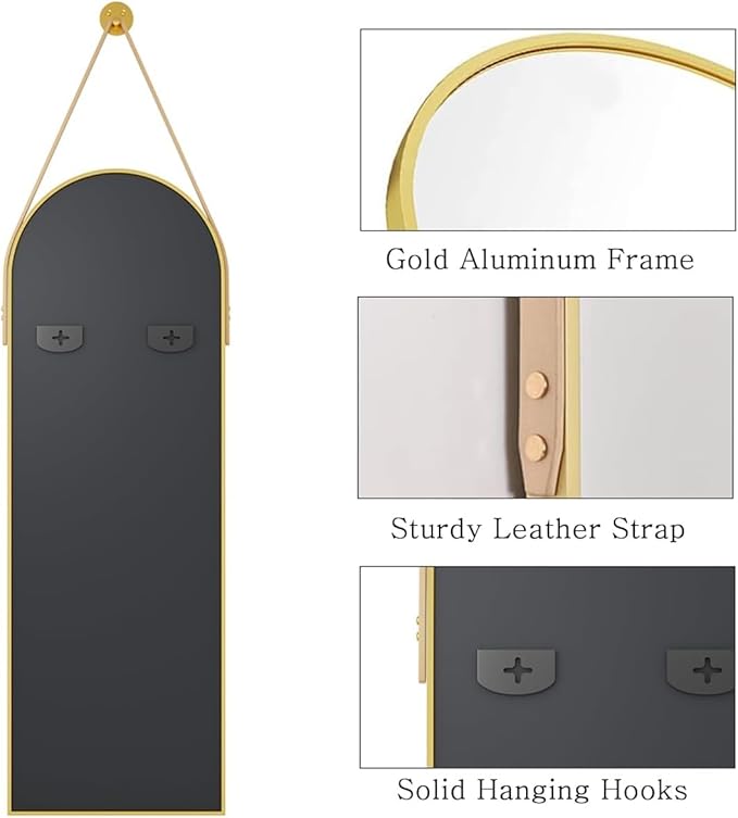 TinyTimes 16"x48" Hanging Mirror with Leather Strap,Arched Full Length Mirror with Aluminum Frame Wall-Mounted Hanging Mirrors for Bathroom Vanity Living Room Bedroom Entryway Décor, Gold