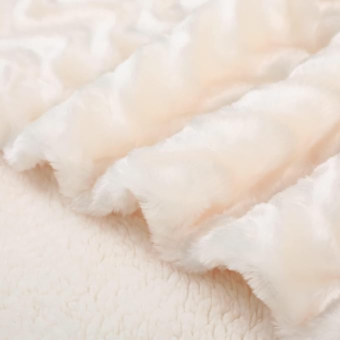 Whale Flotilla Faux Fur Sherpa Throw Blanket for Couch Sofa, Cozy Reversible Fuzzy Fluffy Plush Throws for All Season, Warm and Soft, 50x60 Inch, Ivory