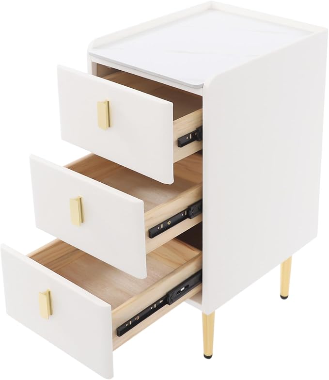 Narrow Nightstand with 3 Drawers, Narrow Side Table End Table Leather Bedside Cabinet Slim Storage Bedside Table for Small Space Bedroom Living Room Dormitories (White)