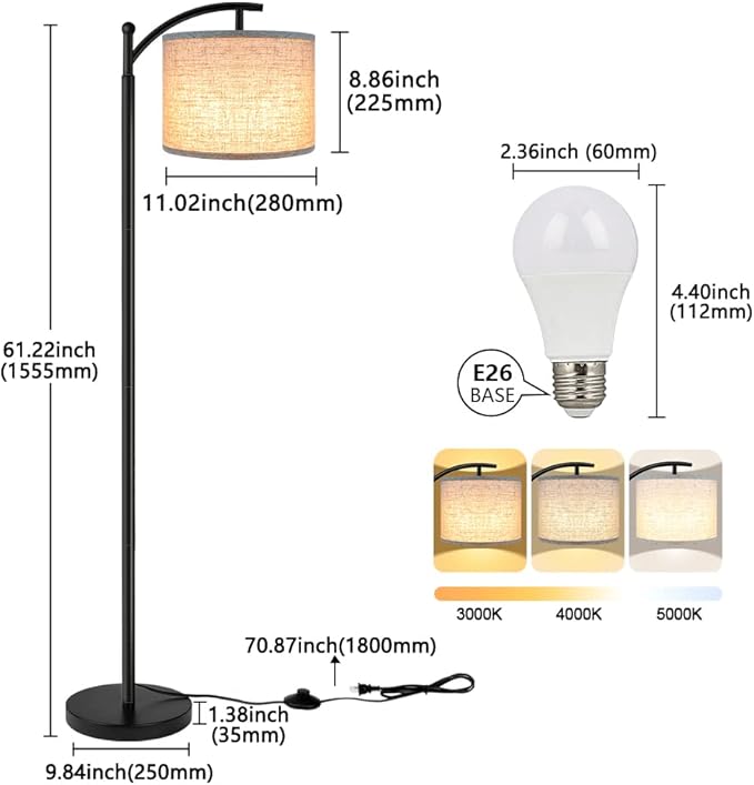 ROTTOGOON Floor Lamp for Living Room with 3 Color Temperatures LED Bulb, Standing Lamp Tall Industrial Floor Lamp Reading for Bedroom, Office (9W LED Bulb, Beige Lampshade Included) -Black