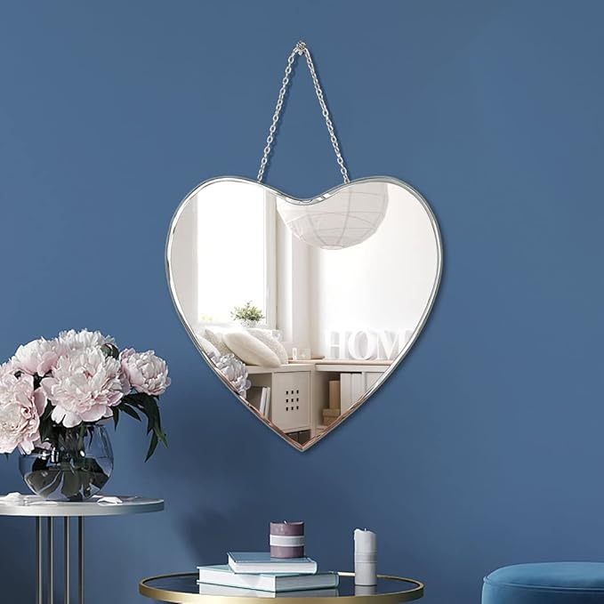 Heart Shaped Mirror with Iron Chain for Wall Decor 12x12 Inch - Wall Hang Real Glass Frameless Decorative Glam Mirror