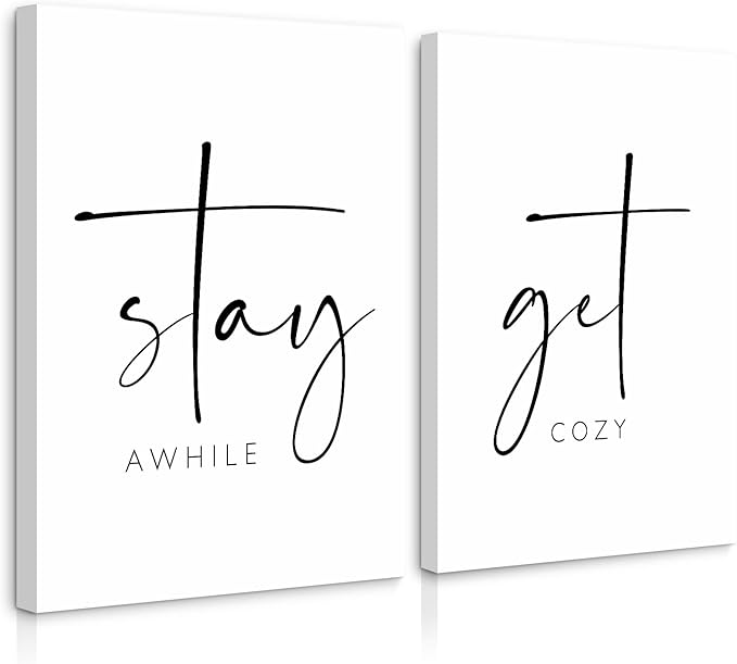Pennclys Get Cozy Wall Art Decor Stay Awhile Sign Canvas Above Bed Wall Art Guest Bedroom Decor Lets Stay in Bed Pictures Modern Painting Artwork for Living Room Guest Room 16x24x2 Inch Ready to Hang
