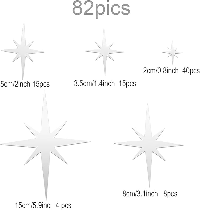 Zonon 82 Pieces Mirror Wall Stickers Star Wall Decals Decor Removable 3D Acrylic Mirror Star Setting Sticker for Ceiling Home Bedroom Living Room Girls Room Decor(Silver)