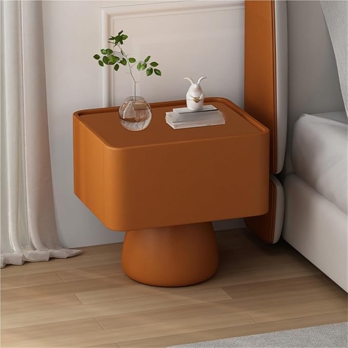 Creative Bedside Table with Drawers, Large Storage Capacity End Table, Wooden Nightstand with Leather Wrap for Living Room, Bedroom(Orange,17.7in)