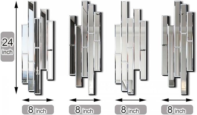 Artisan Set of 4 Silver Beveled Wall Decor Mirrors - 24x8 Inch Each, Creative Combination Design for Modern & Farmhouse Home Decor, Shatter-Resistant Glass with Wood Backing