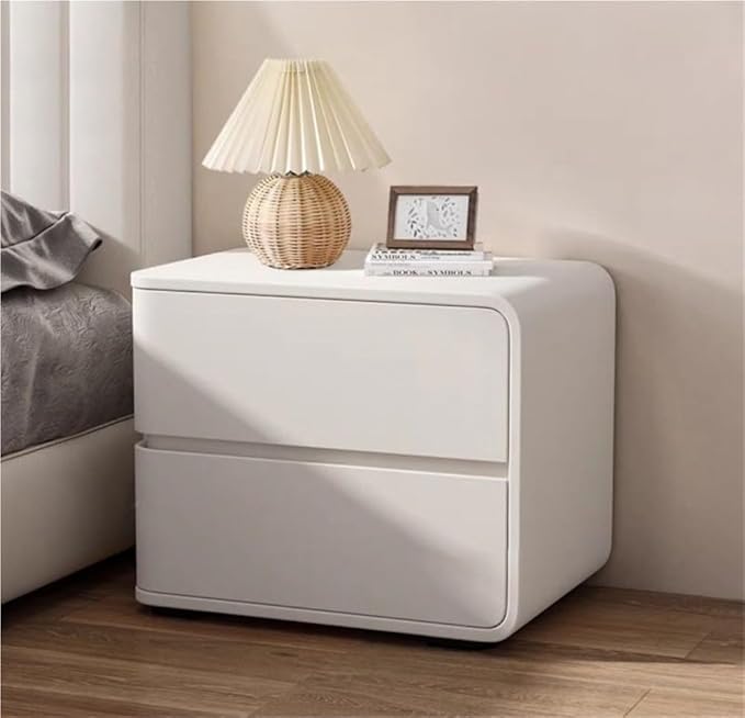 Minimalist Bedside Table Wood Bedside Furniture, Leather Nightstand with 2 Drawer Storage Modern Night Stand for Bedroom, Living Room, 17.7x15.7x18.9inch(White,Right)