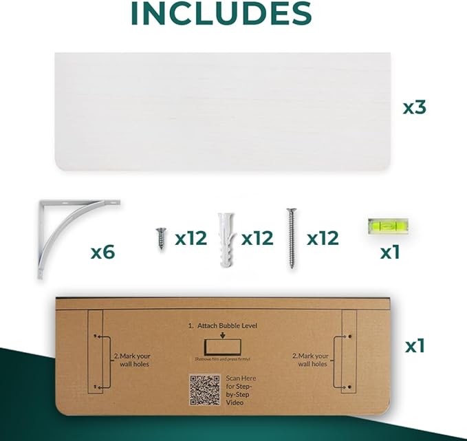 Reinforced Steel Bracket White Shelves for Wall - Easy to Install, Template and Video Included - Shelf with Brackets, White Bookshelf for Wall, Bathroom Shelves, Farmhouse Decor
