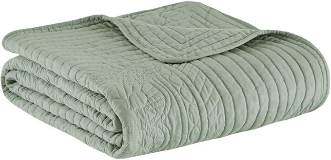 Madison Park Luxe Quilted Throw Blanket - Damask Stitching Design, Cotton Filled Spread, Ultra Soft, Cozy Bedding for Living Room Couch, Sofa, Bed, 60x72", Scalloped Borders Seafoam